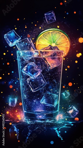 Artistic glowing cocktail with ice cubes, lemon slice, and fizzy liquid bursting with neon light.