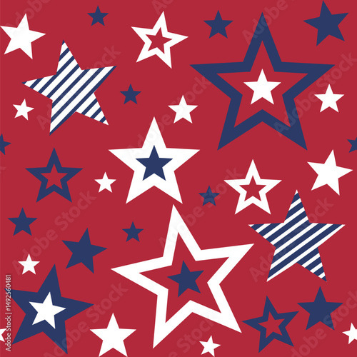 Patriotic Stars Seamless Pattern. 4th of July, USA Independence day, Americana Backdrop. Vector Template For Fabric, Textile, Wallpaper, Wrapping Paper
