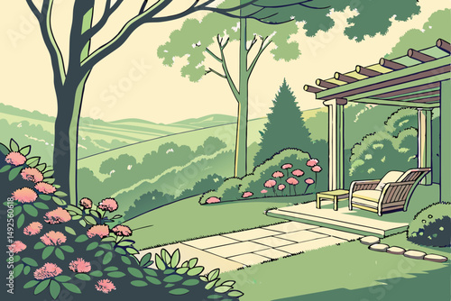 177 outdoor garden, lush greenery, flowering shrubs, patio furniture, sunlight filtering through trees, serene atmosphere, idyllic landscape