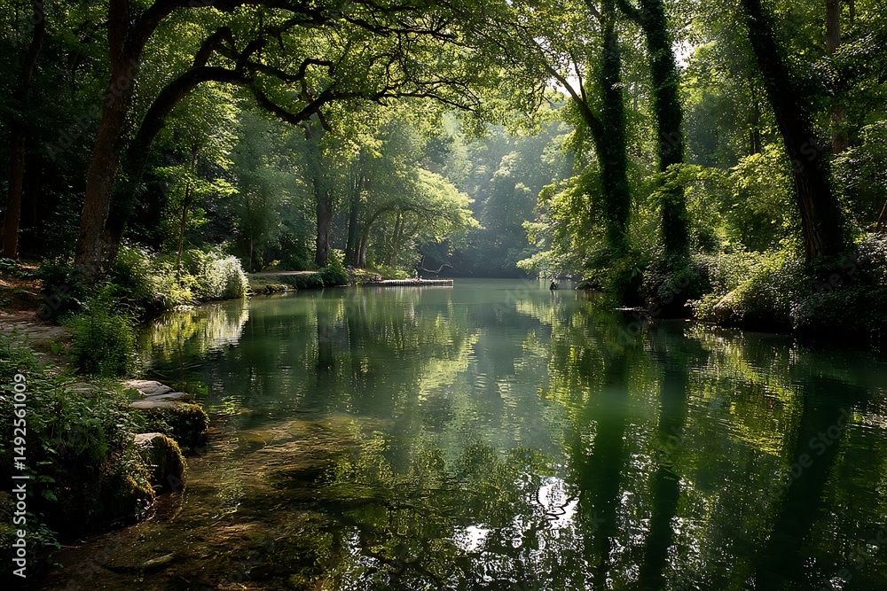 Serene River Reflections in a Lush Green Forest Serene River Reflections in a Lush Green Forest