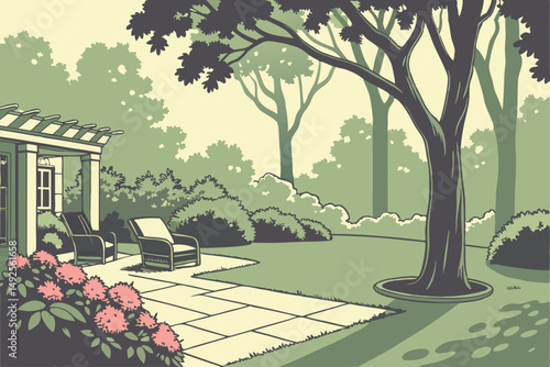 177 outdoor garden, lush greenery, flowering shrubs, patio furniture, sunlight filtering through trees, serene atmosphere, idyllic landscape