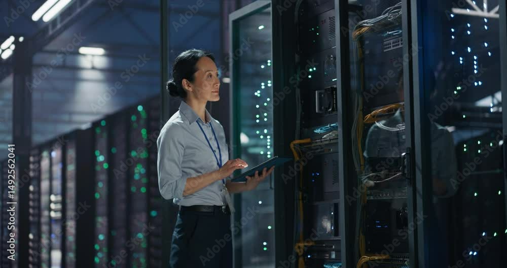Data Center Female IT Specialist Using Tablet in Server Room. Artificial Intelligence Computing Facility with Asian Maintenance Administrator Working on Computer. Information Technology Professional