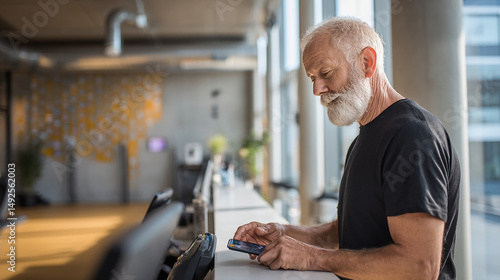 Old male paying with a smart phone wireless method