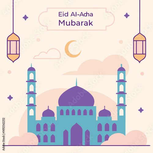 Silhouette of a mosque stands under soft clouds with Eid AlAdha Mubarak above