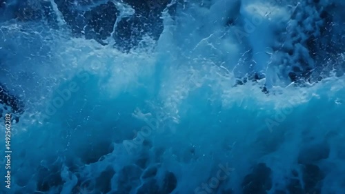 aerial view of ocean waves crashing in foamy water, blue seascape and natural dark texture.