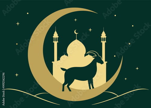 Silhouette of goat stands on moon with mosque in background against night sky