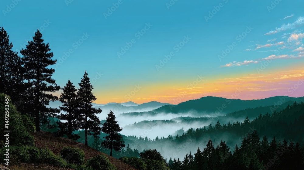 Obraz premium Rolling hills and evergreen trees under a gradient sky landscape view