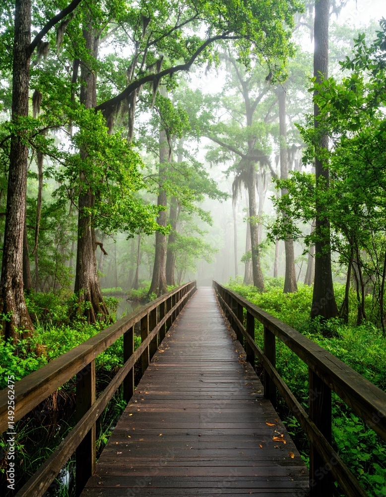 Obraz premium Serene wooden bridge through misty lush green forest landscape