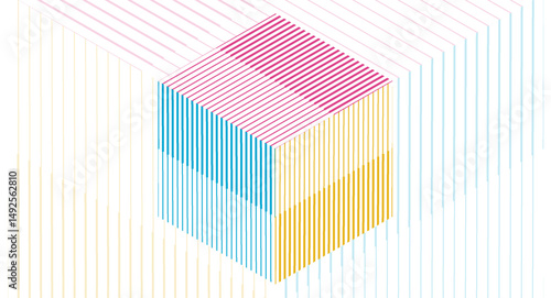 Colorful abstract 3d cube with minimal lines, geometric tech background. Vector concept linear design