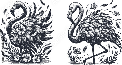 Set of detailed engraving and woodcut style designs featuring flamingos fluffing their floral feathers, perfect for vintage, nature, wildlife, and decorative art projects