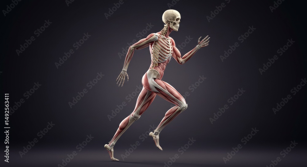 Obraz premium Anatomical human skeleton running in a dynamic pose against dark background 