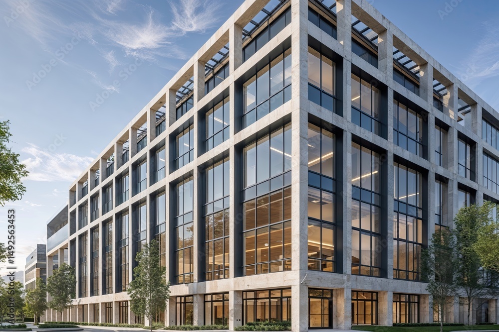 Refined Modern Commercial Office Facade with Abundant Framework and Stone Structure Refined Modern Commercial Office Facade with Abundant Framework and Stone Structure
