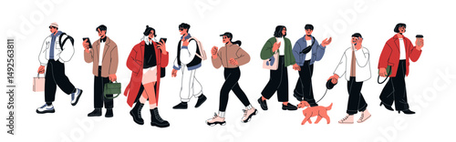 People walking on street. Urban characters with coffee, phone, dog, everyday activities, jogging, going on different businesses. Outdoor life. Flat vector illustration isolated on white background