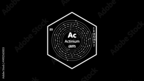 actinium chemical element periodic table on background.animated periodic table.Shows name, atomic weight and element number.