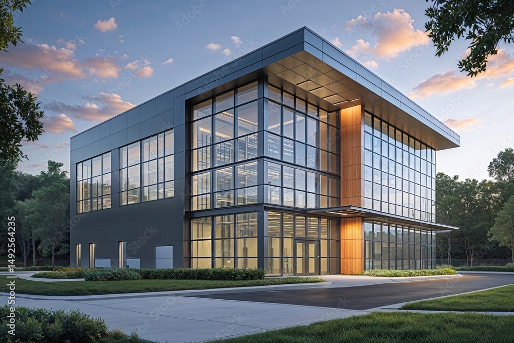 High-Tech Distribution Building Exterior Perspective Featuring Modern Design Elements and Large Glass Sections High-Tech Distribution Building Exterior Perspective Featuring Modern Design Elements and Large Glass Sections