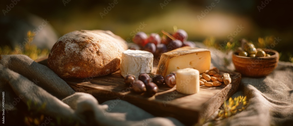 A rustic cutting board on a picnic setup features assorted cheeses, grapes, olives, and a loaf of bread in a sunlit outdoor setting. A rustic cutting board on a picnic setup features assorted cheeses, grapes, olives, and a loaf of bread in a sunlit outdoor setting.