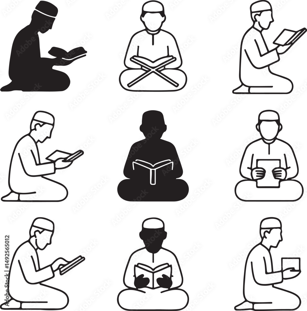 Muslim Man Reciting Quran Silhouette – Black Vector Illustration on White Background
Muslim Man Reciting Quran Silhouette – Black Vector Illustration on White Background