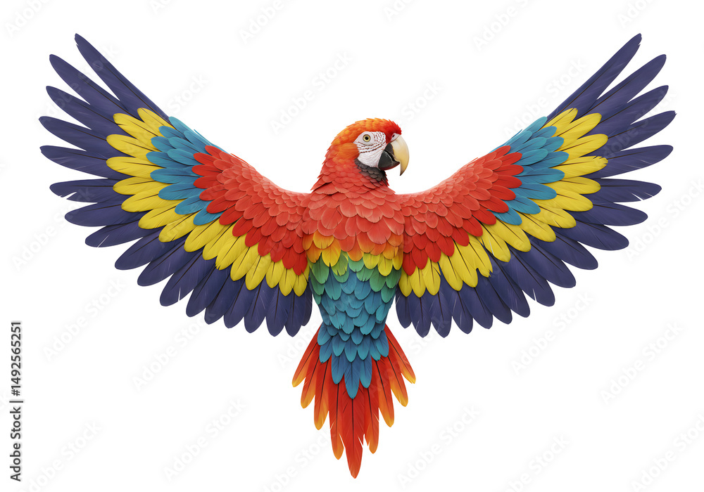 Obraz premium 鮮やか羽根広げ舞い上がる赤いオウム 羽根の色彩豊か