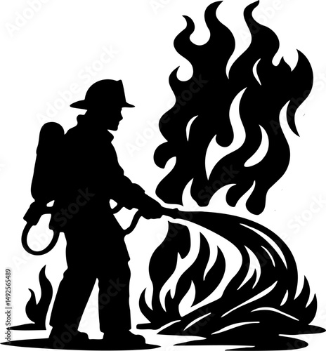 vector illustration silhouette of firefighters extinguishing fire