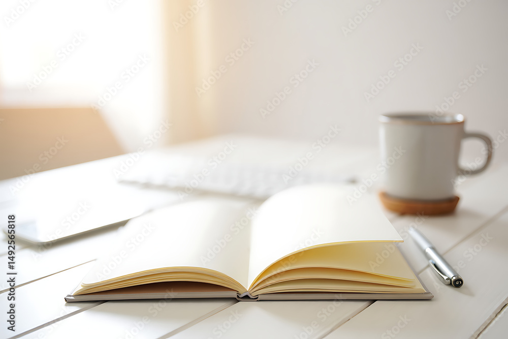 Naklejka premium Open Notebook Coffee Pen Workspace