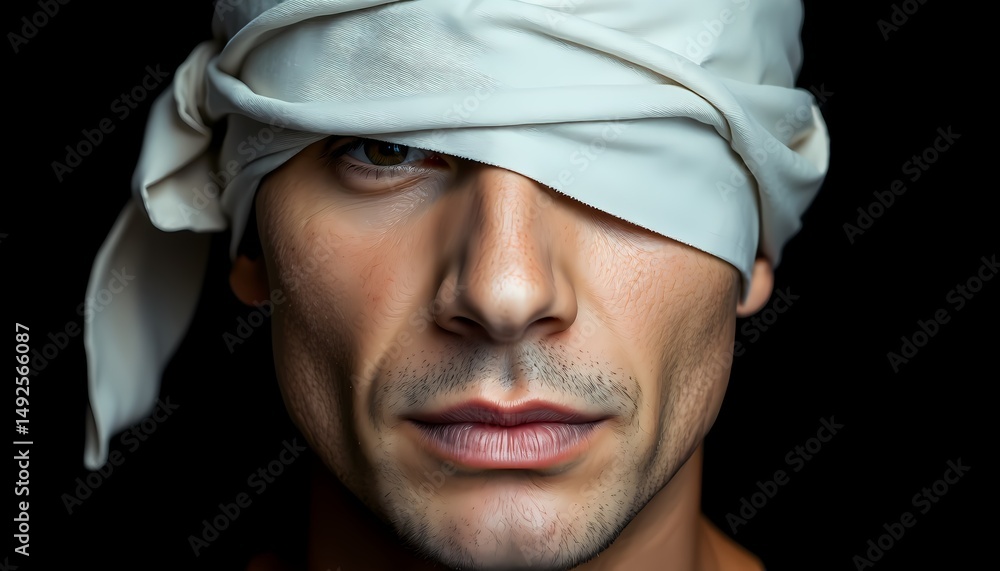 A close-up portrait of a man with a blindfold made of fabric covering his eyes. The man's face is partially obscured by a black background, and his expression is calm yet mysterious. The skin tone is A close-up portrait of a man with a blindfold made of fabric covering his eyes. The man's face is partially obscured by a black background, and his expression is calm yet mysterious. The skin tone is
