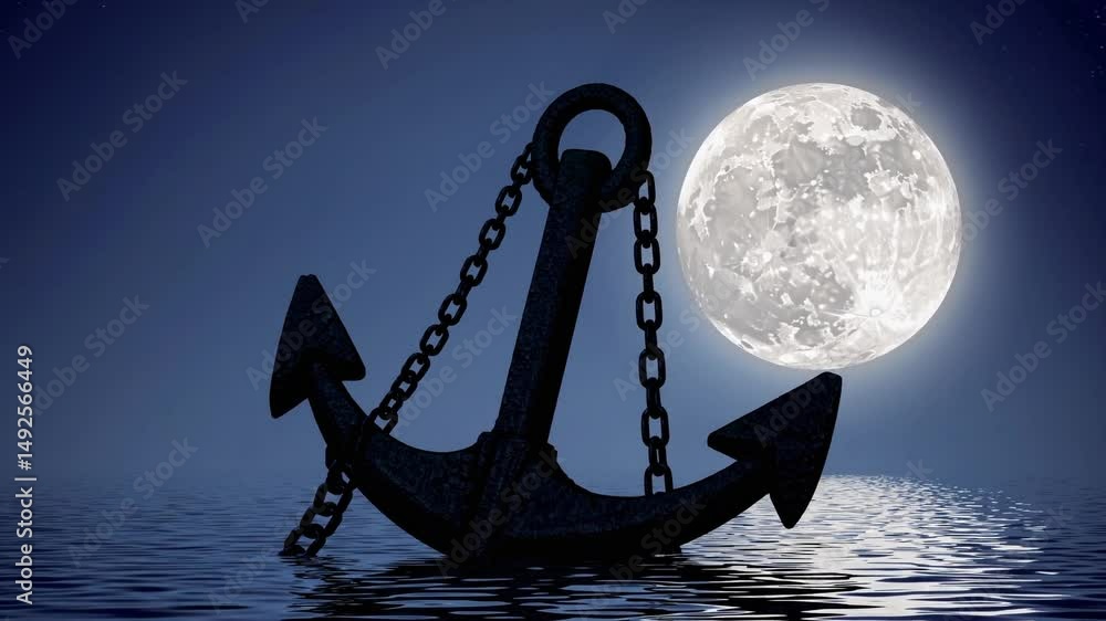 Ancre noire devant la pleine lune sur une mer calme

