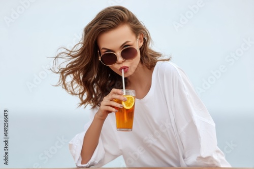 Beautiful woman in sunglasses drinking lemonade or iced tea from a glass with a straw and a slice of lemon on the beach, white T-shirt and long hair. Woman enjoying summer vacation at sea or ocean.