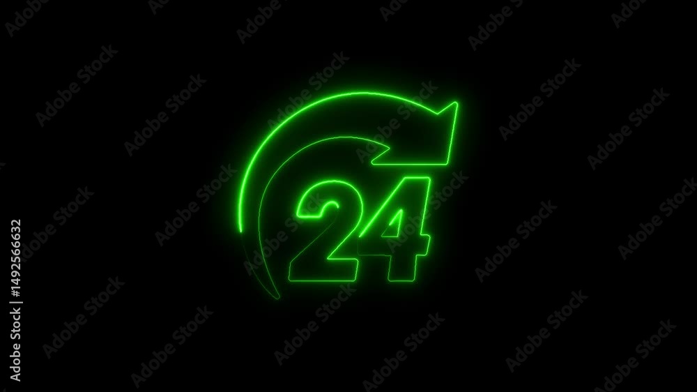 Glowing green 24 hour neon sign with arrow displayed on black background Glowing green 24 hour neon sign with arrow displayed on black background