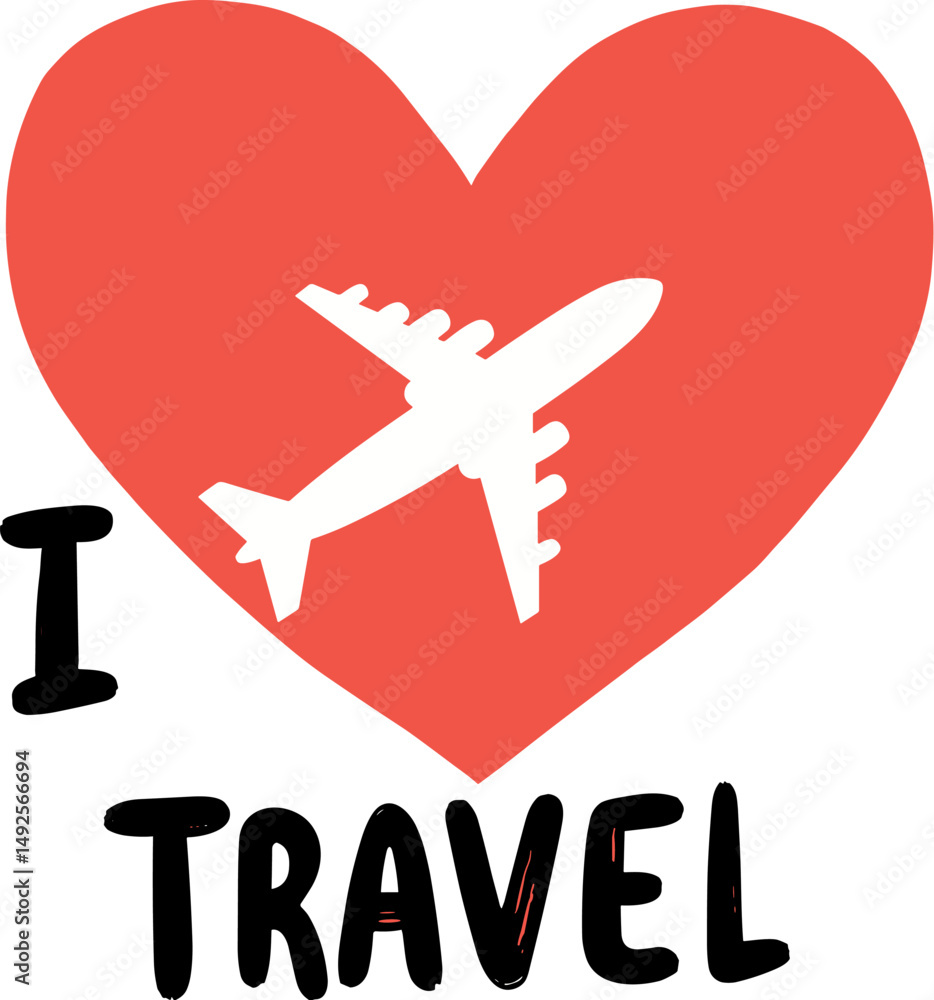 Obraz premium Flat illustration of a red heart with a white plane icon flying across it, and bold text reading 