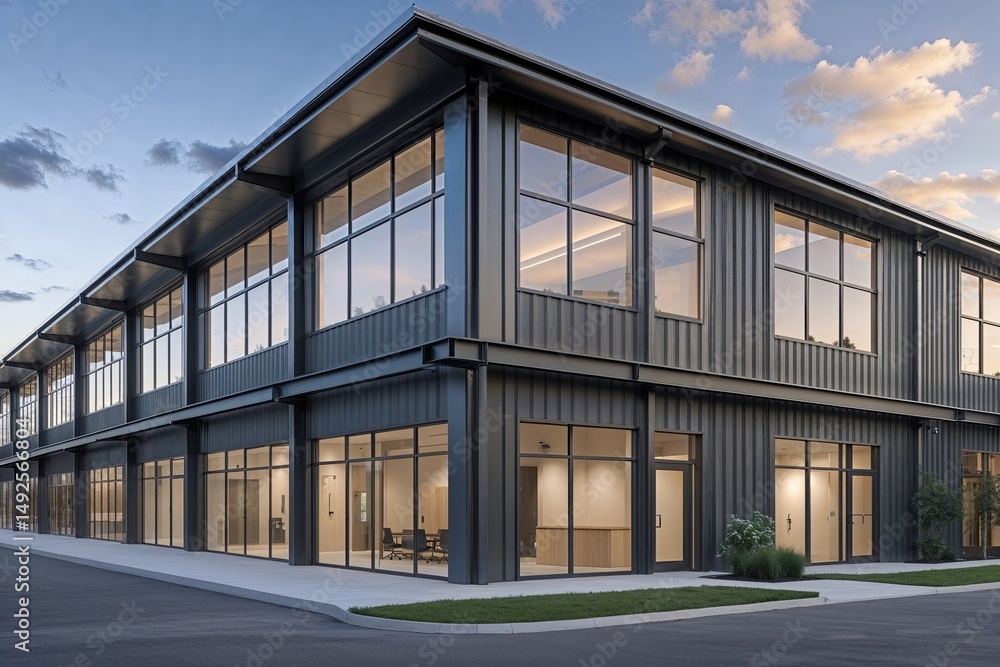 Modern Warehouse Exterior Featuring Office Unit and Steel Facades Modern Warehouse Exterior Featuring Office Unit and Steel Facades