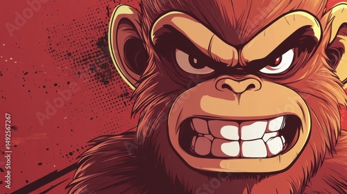 Angry cartoon monkey face with intense expression and red background