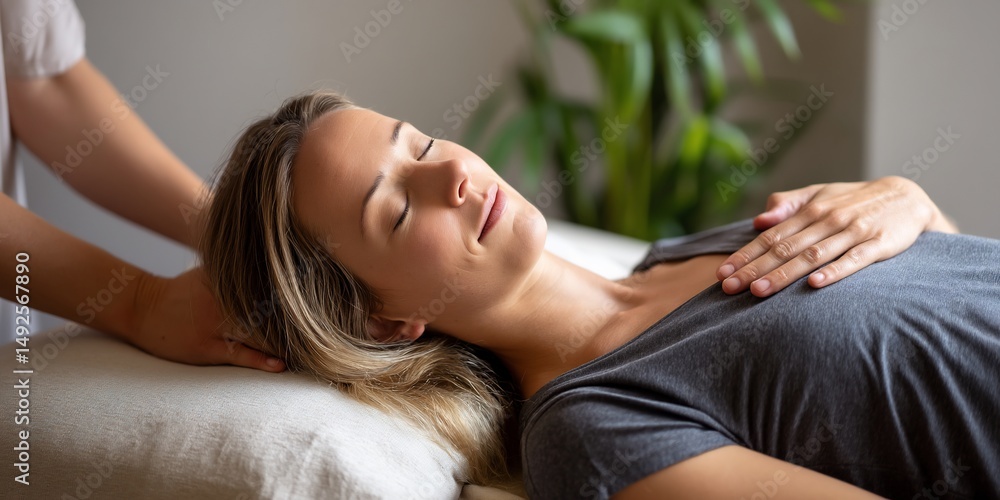 Obraz premium Woman receiving head and chest massage, calm and relaxed, home spa, possible use for wellness and relaxation