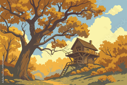180 intricate_and_detailed_fantasy_tree_house_surrounded_by_autumn_trees_in_a_colorful_forest_scene,golden_orange_foliage,vivid_blue_sky_with_puffy_white_clouds,highly_realistic_digital_art