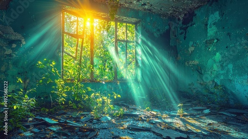 Abandoned room, sunbeams through overgrown window