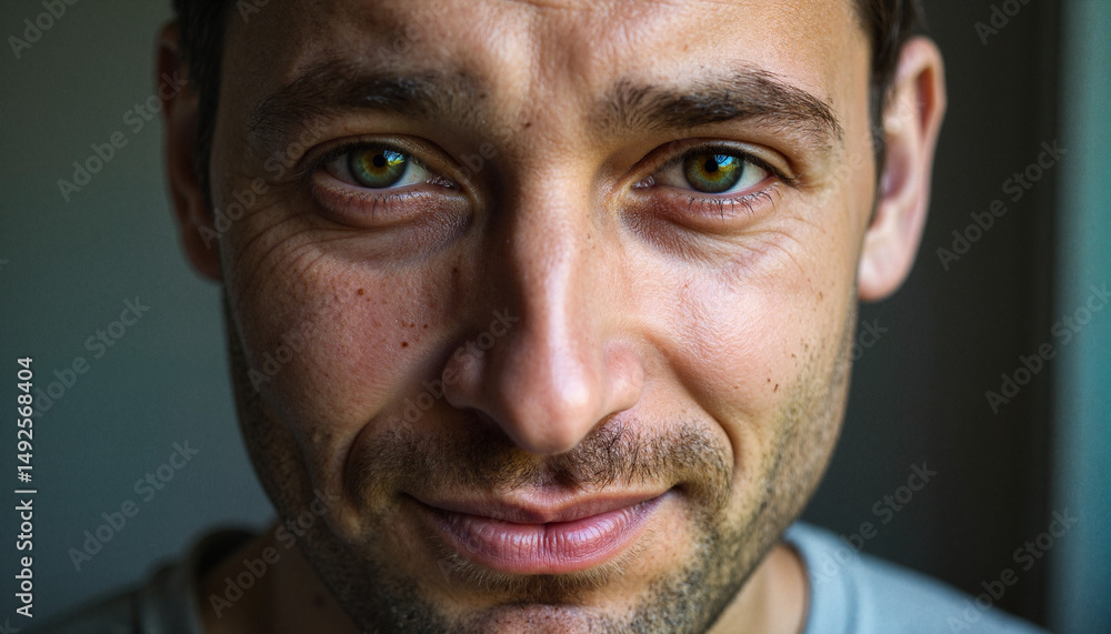 Fototapeta premium Man with amused look and green eyes in a close up headshot, with copy space