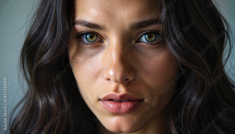 Close-up portrait of a woman with dark wavy hair, emotional eyes and natural skin Close-up portrait of a woman with dark wavy hair, emotional eyes and natural skin