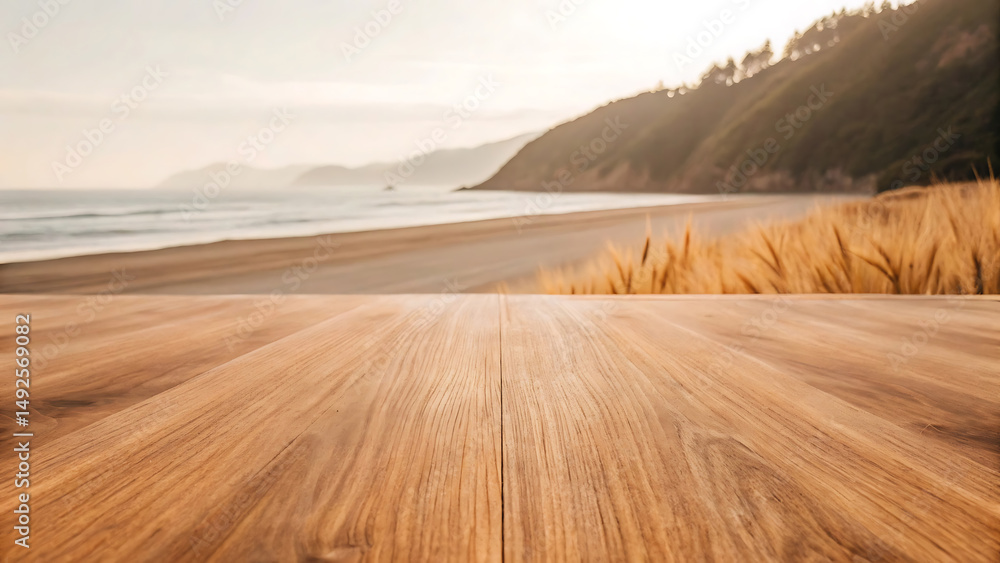 Fototapeta premium Serene Coastal Beach Scene with Wooden Tabletop Overlay Perfect for Summer Vacation or Travel
