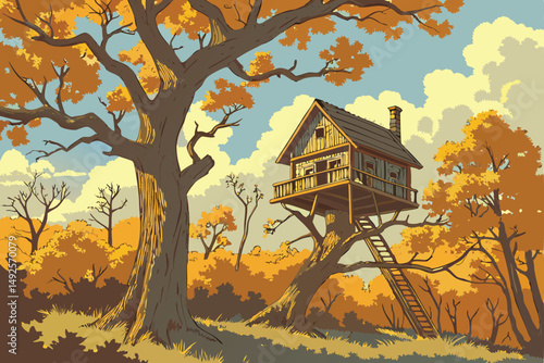 180 intricate_and_detailed_fantasy_tree_house_surrounded_by_autumn_trees_in_a_colorful_forest_scene,golden_orange_foliage,vivid_blue_sky_with_puffy_white_clouds,highly_realistic_digital_art