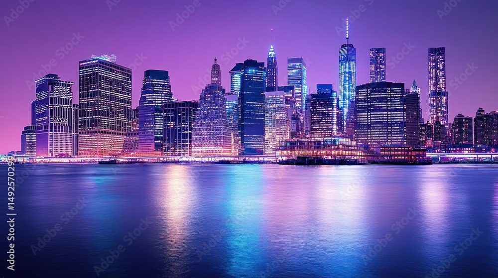 Obraz premium Vibrant city skyline at twilight, reflected in calm water