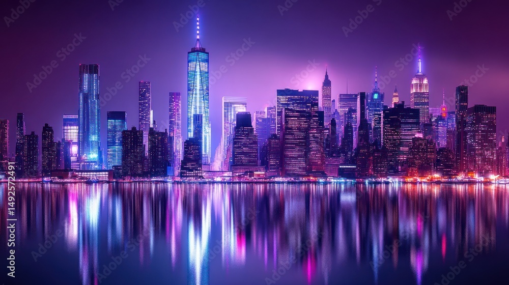 Fototapeta premium Vibrant cityscape at night, reflected in calm water (1)