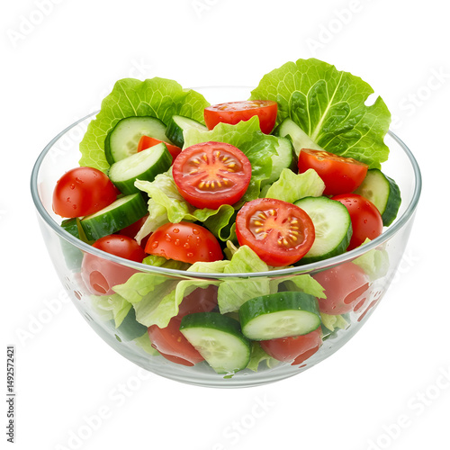 Fresh vegetable salad with tomatoes and cucumber in glass bowl
