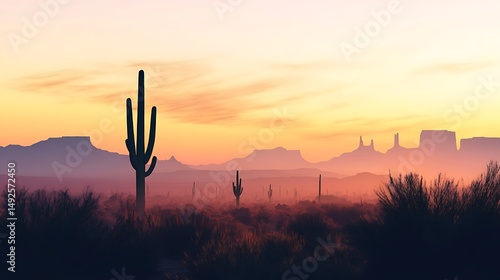 Desert landscape at sunset silhouette of cacti and rock formations against warm sky