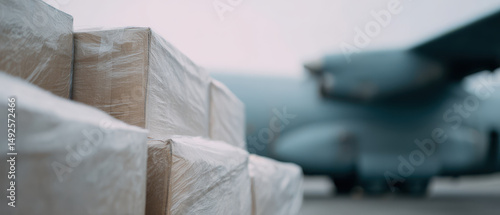 Humanitarian aid supplies wrapped in plastic near large cargo aircraft