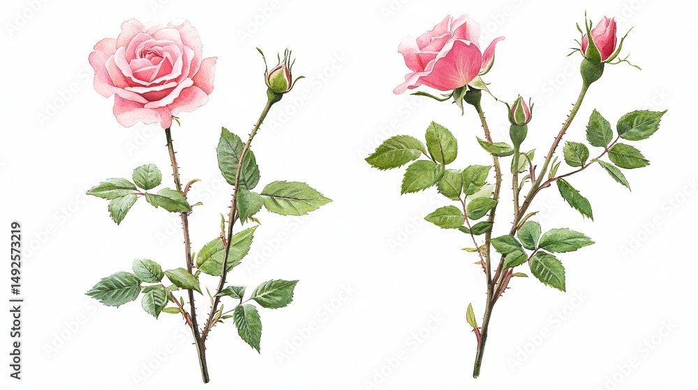 Fototapeta premium Beautiful Pink Roses Watercolor Painting Botanical Illustration Floral Design Elegant Nature Spring Flowers Romantic 