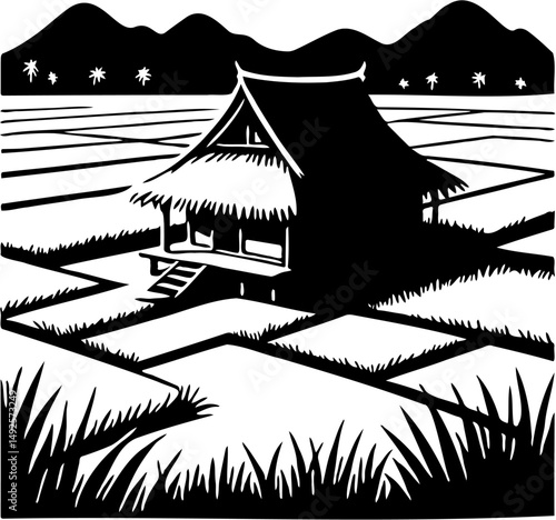 beautiful silhouette vector illustration of a hut in the middle of a rice field