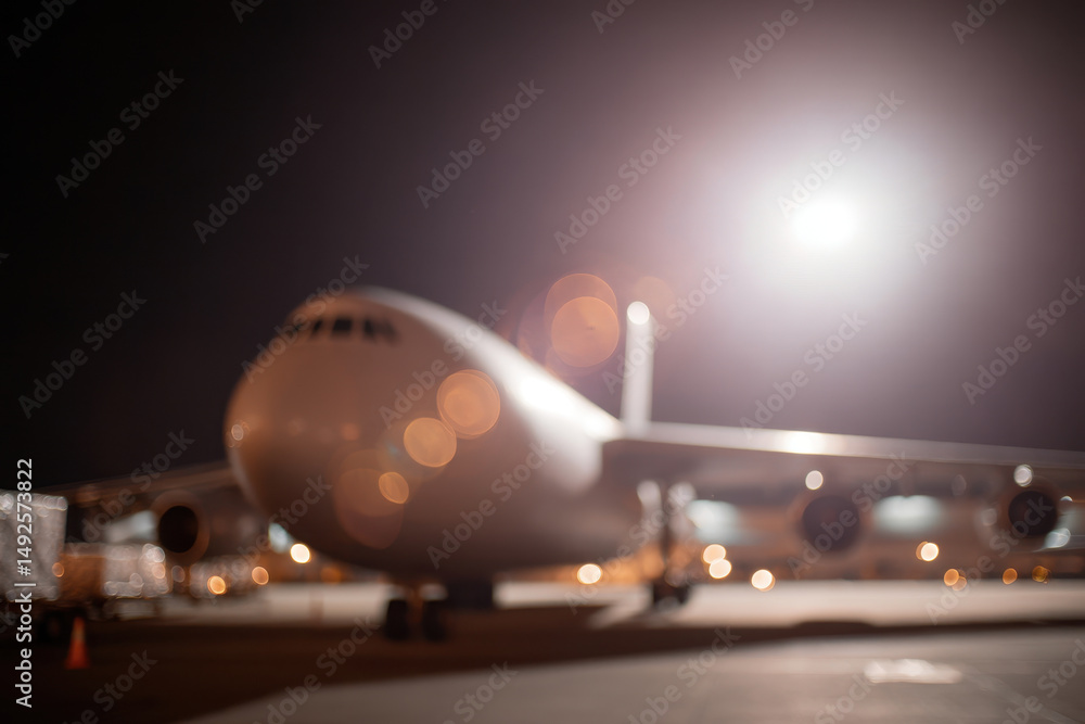 Fototapeta premium Blurry night view of airplane on airport tarmac with dramatic lens flare