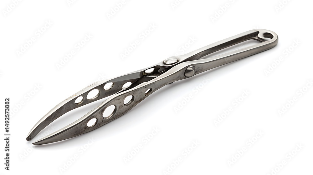 Fototapeta premium CloseUp Silver Metal Tongs with Holes Isolated on White Background Still Life