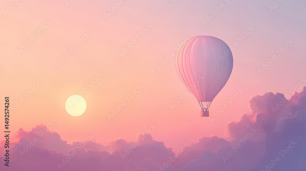 Fototapeta premium Hot air balloon floats above pink clouds during sunset.
