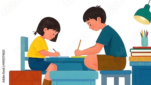 Kids studying together images, east asian, photos, south asian indigenous hispanic or latinx illustration, horizontal