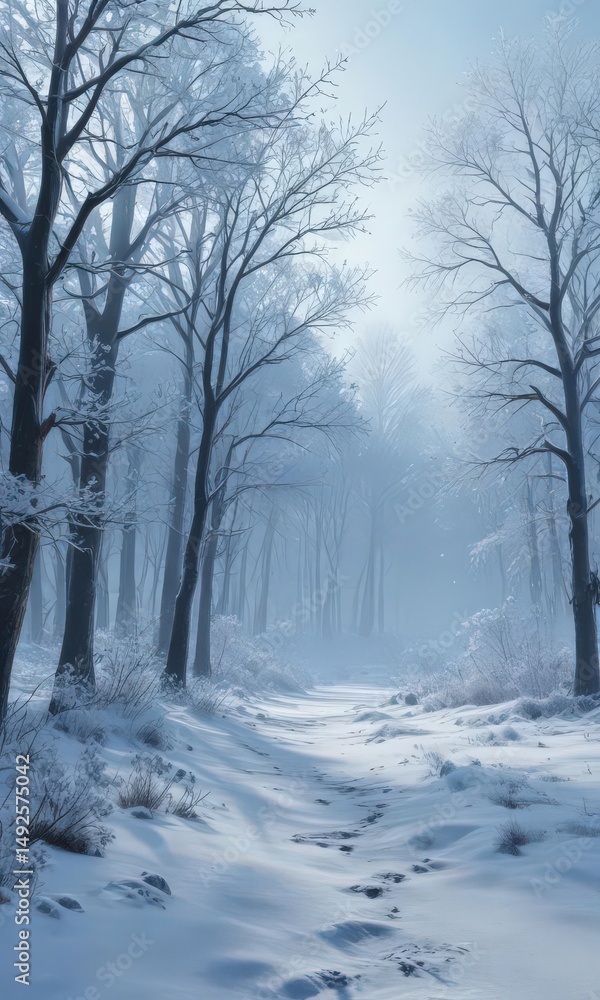 Obraz premium Frosty blue landscape, snowflake silhouettes against frozen trees , nature, winter scene, outdoors